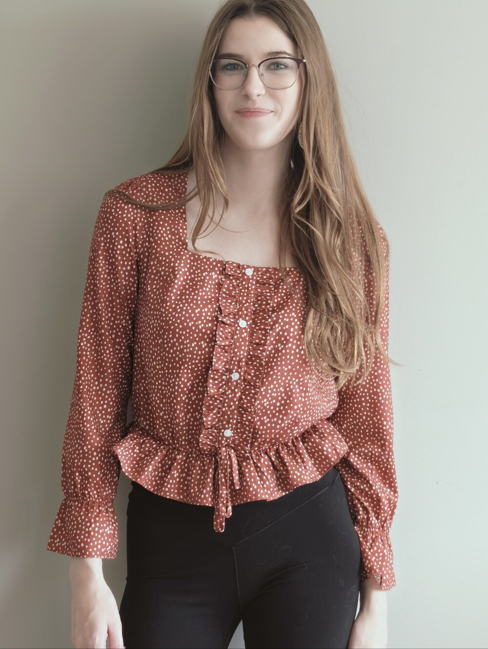 Allegra K | Orange Polka Dot Square Neck Peplum Ruffle Blouse Top | Size Small